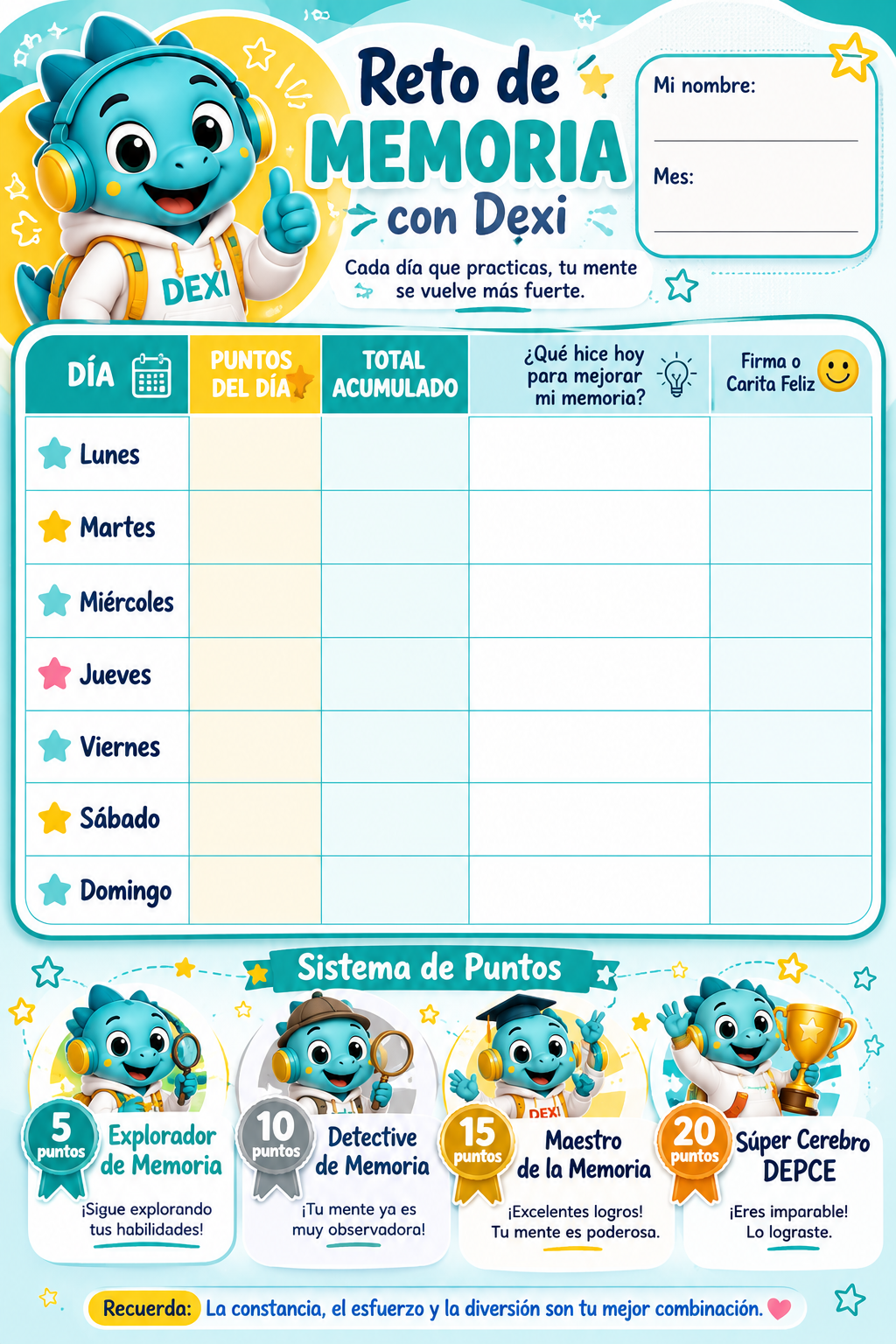 Vista previa de la tabla motivacional Reto de Memoria con Dexi