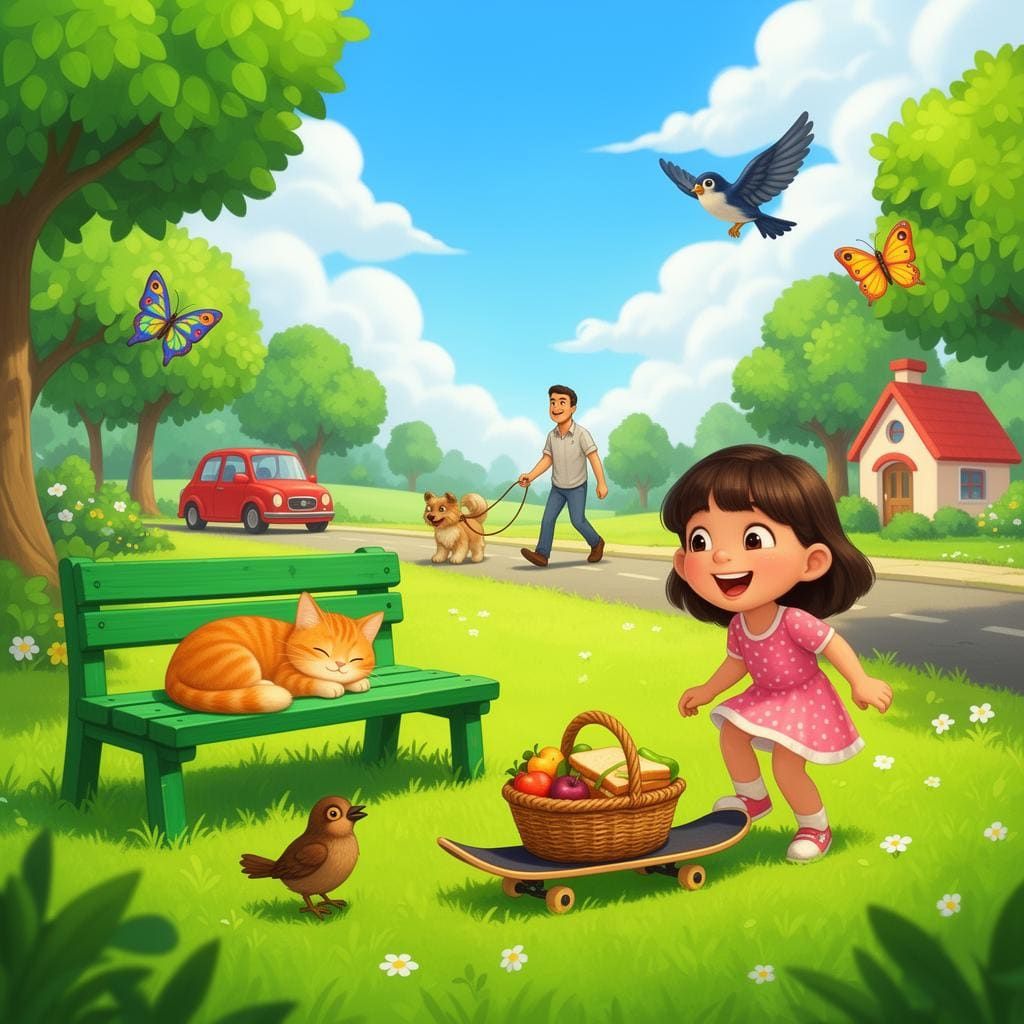 Escena colorida de un parque con niña en patineta, gato durmiendo, pájaros, mariposa, hombre paseando un perro y un coche